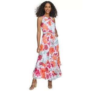 Calvin Klein Women's Floral-Print Halter Chiffon Maxi Dress White Multicolor 10